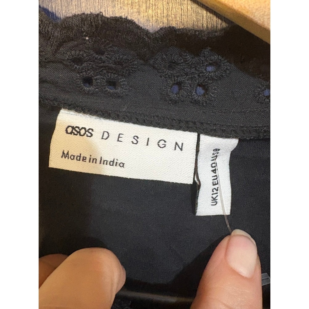 ASOS DESIGN Navy Black Broderie Eyelet Lace Pintuck Sleeveless Blouse US 8 NEW - Picture 4 of 5